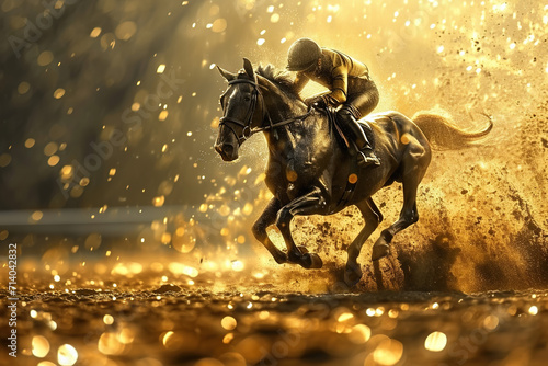 sunset Preakness Stakes, derby, Belmont Stakes, Kentucky derby horse racing, A jockey participating in a horse racing or derby event, Speed. Blurred movement, Generative Ai