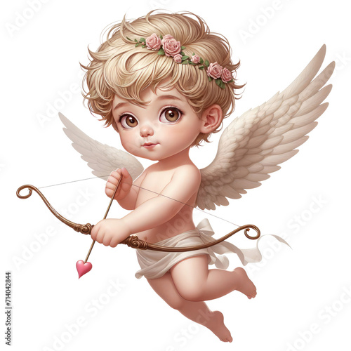 Cute cupid angel with big eyes, heart arrow and floral crown isolated on transparent background.
