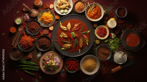 A delicious spread of traditional Indonesian ramadan dishes, including rendang, ketupat, and opor ayam photo