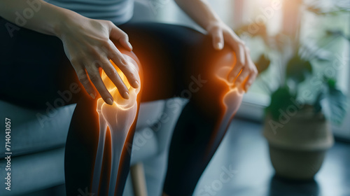 Young woman with knee pain at home with highlighted knee, sport injuries health concept