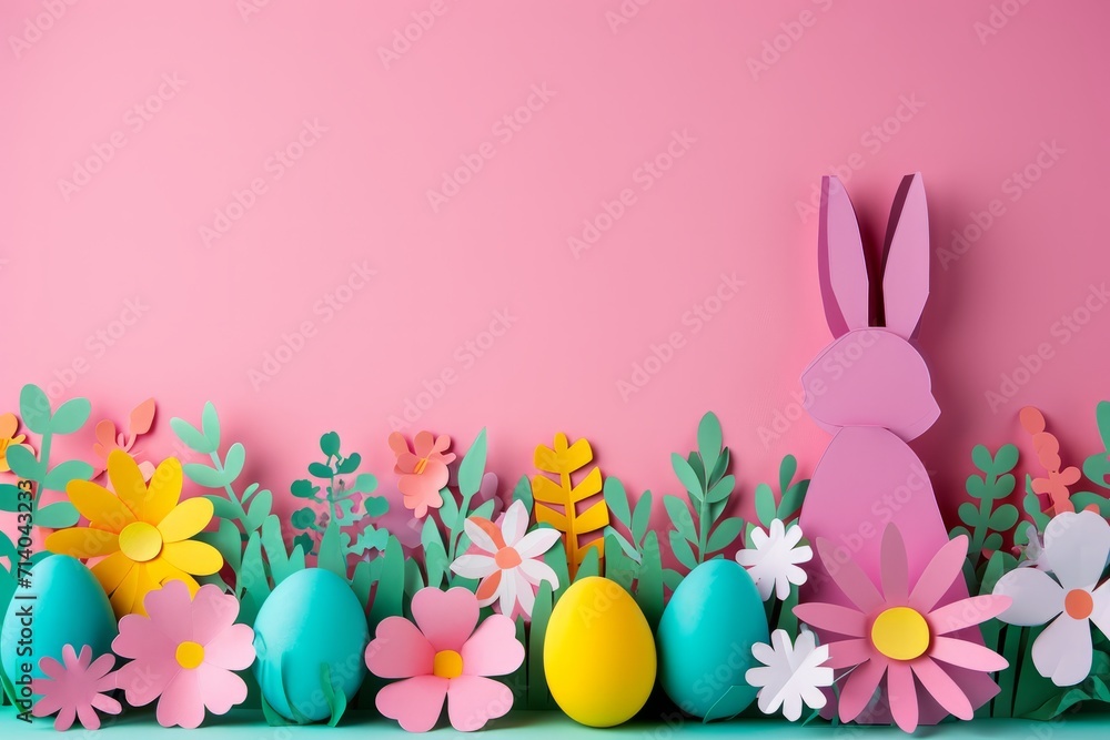 An illustration cut out of colored multi-colored cardboard paper for the spring celebration of Easter, a bunny and Easter eggs, origami with copy space 