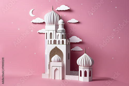 cute white mosque and moon miniature papercraft ramadan, eid and islamic design illustration photo