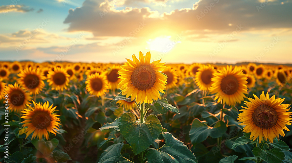 A sunflower farm with rows of vibrant blooms stretching towards the horizon.