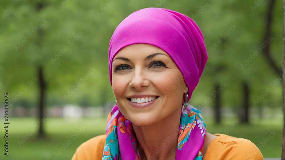 Middle-aged woman with cancer wearing pink head scarf in outside photo Middle-aged woman with cancer wearing pink head scarf in outside photo