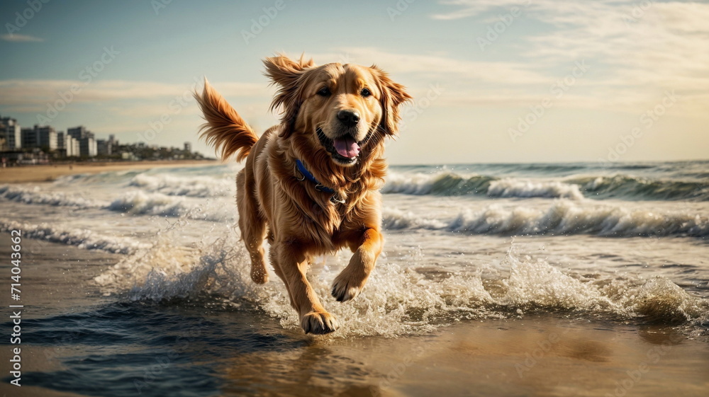 Happy dog of the Golden Retriever breed joyfully runs along the beach near the sea on the sunny day. Banner. Copy space