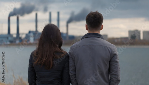 Disappointed couple with blonde hair near waterfront industry, poor air quality, pollution, climate change concern, sad and worried, chimneys emitting exhaust fumes