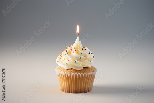 Delicious birthday cupcake with one birthday cake candle on a gray background with copy space for text