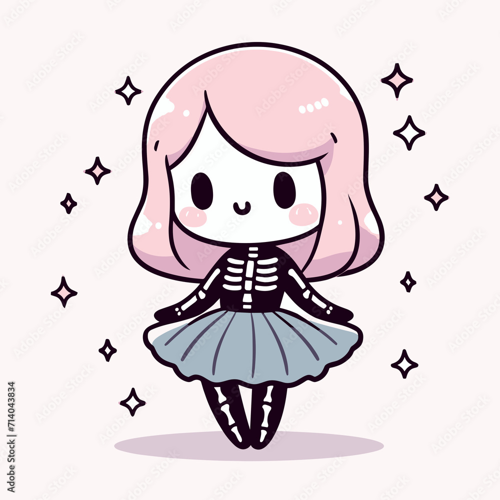 Fototapeta premium Cute little skeleton ballerina, Halloween in kawaii style, vector illustration in cartoon style, generative ai