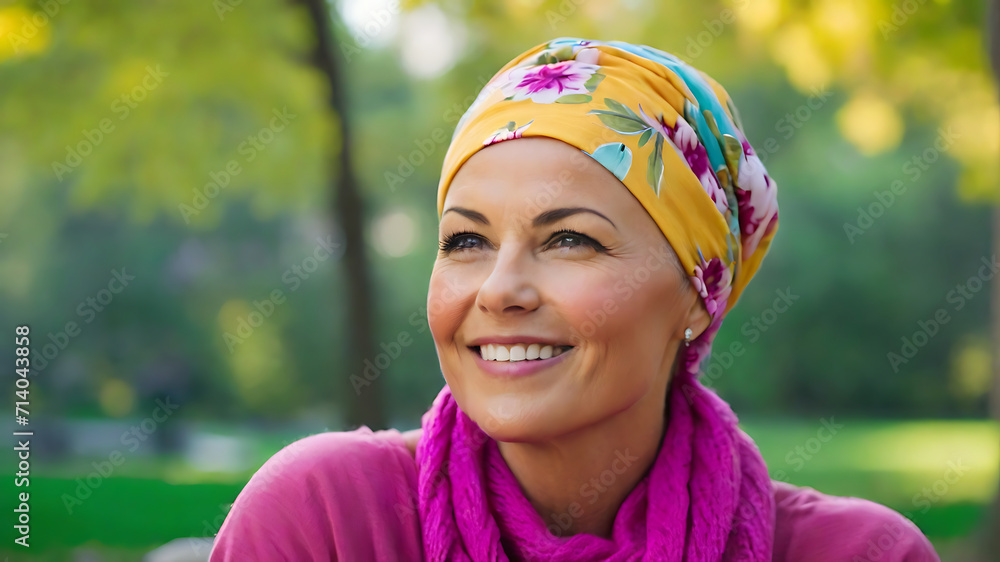 Middle-aged woman with cancer wearing pink head scarf in outside photo Middle-aged woman with cancer wearing pink head scarf in outside photo