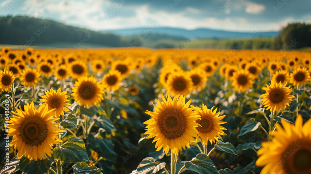 A sunflower farm with rows of vibrant blooms stretching towards the horizon.