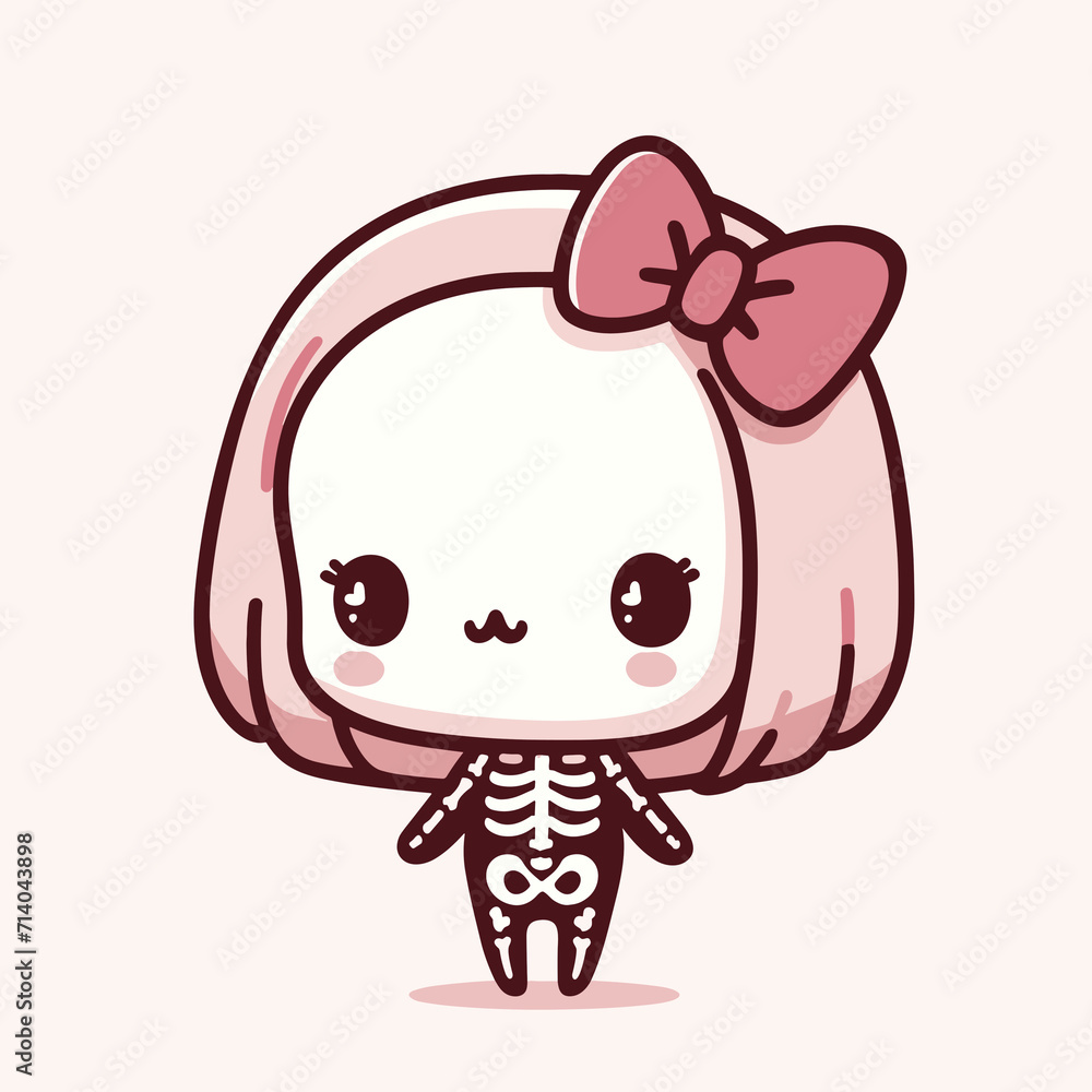 Cute kawaii skeleton girl. Vector cartoon character illustration, Halloween sticker design, generative ai