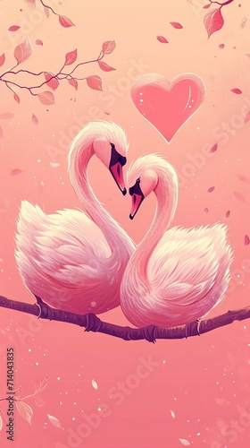 Cute love swans are sitting on a branch in love , valentine art © McClerish