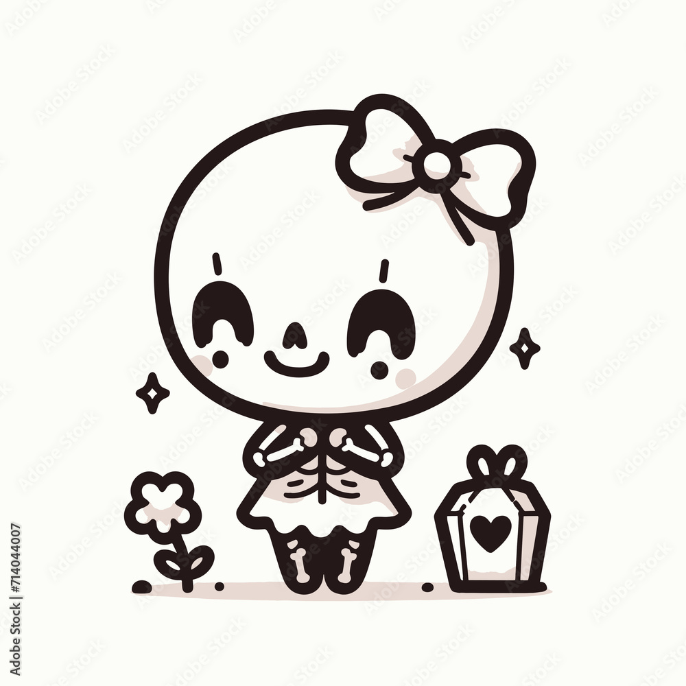Fototapeta premium Cute kawaii Halloween skeleton girl with a gift box and a flower, Halloween sticker Vector illustration, generative ai