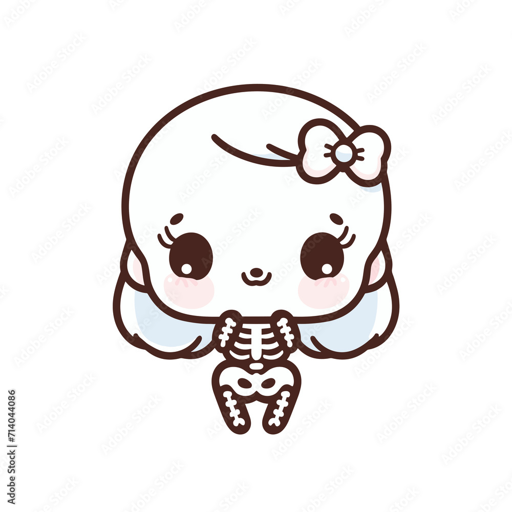 Cute kawaii baby girl with skeleton bone, Halloween sticker design, Vector illustration, style, generative ai Cute kawaii baby girl with skeleton bone, Halloween sticker design, Vector illustration, style, generative ai