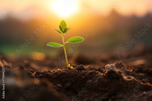 Close up small new green sprout grows out of the brown earth in the sunset rays. Concept of life in bad conditions  rebirth