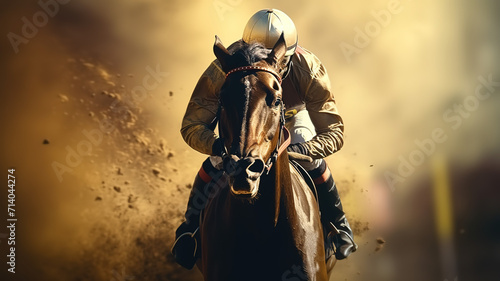 Preakness Stakes, derby, Belmont Stakes, Kentucky derby horse racing, A jockey participating horse racing or derby event, Speed. Blurred movement, Generative Ai © HayyanGFX
