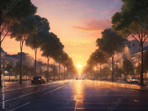  "Twilight Tranquility: Urban Elegance on the Tree-Lined Boulevard at Sunset"
