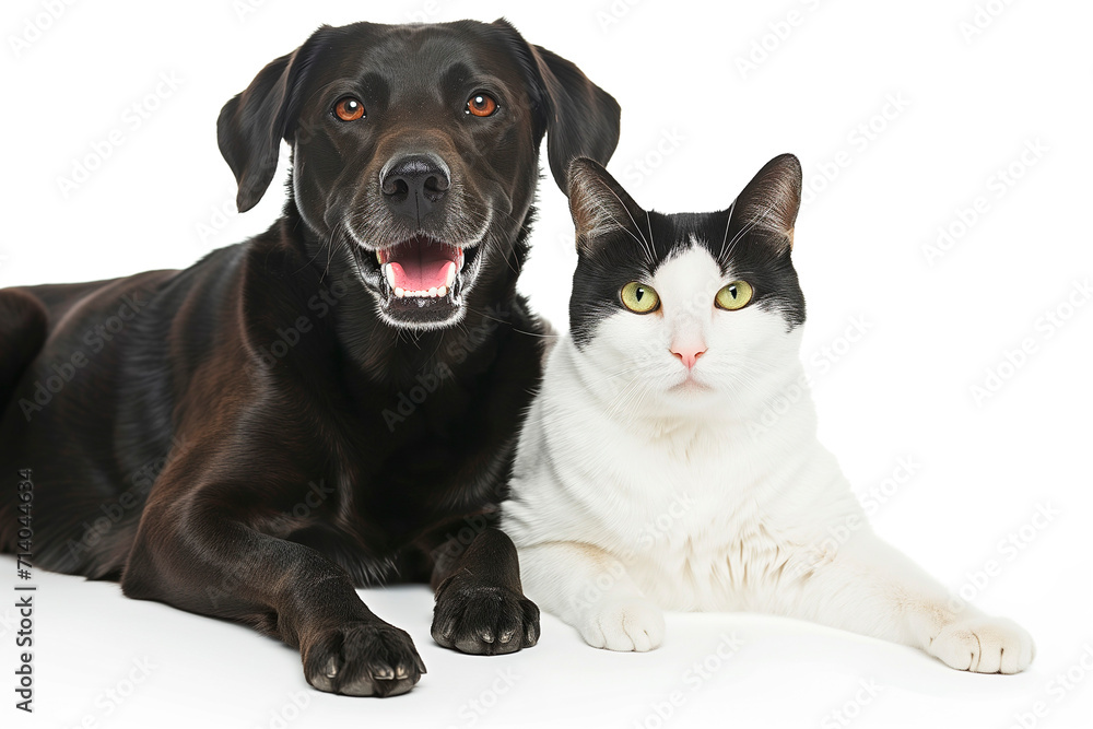 cute cat and dog lie on a white background,