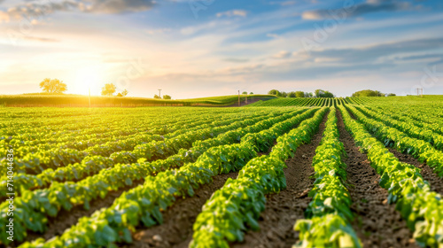 Expansive view of lush lettuce rows under a vibrant sunset in a large agricultural field, symbolizing sustainable farming.
 photo