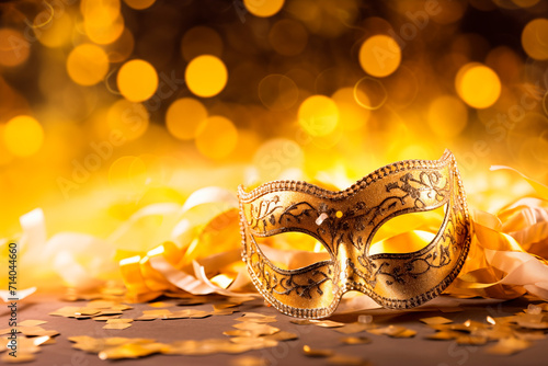 carnival yellow mask on a golden background with bokeh. Masquerade concept, mardi gras. banner, greeting card.