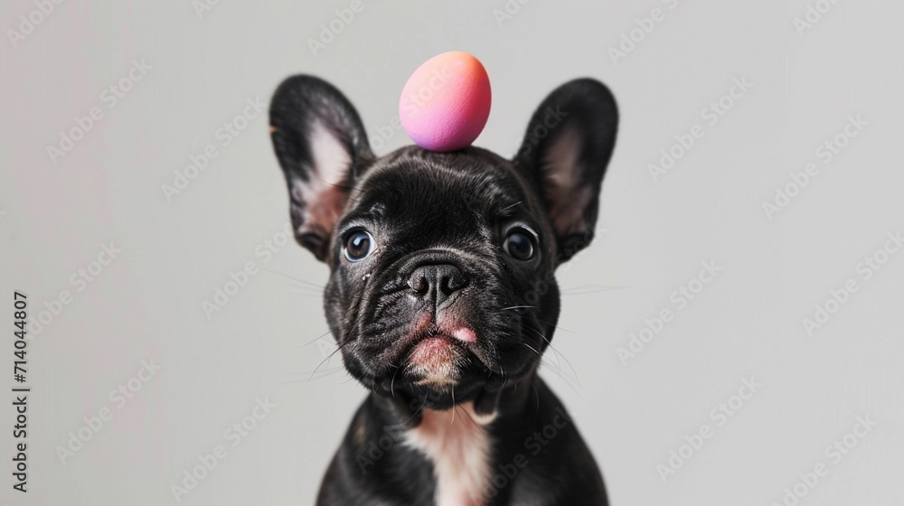 Easter postcard with playful french bulldog puppy attempting to balance a painted egg on her nose