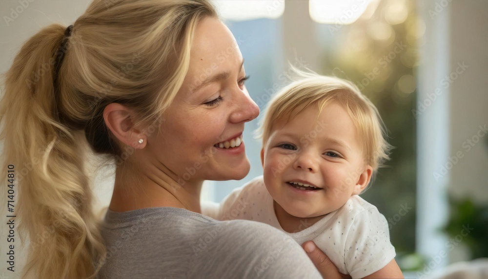 joyful mother holding her laughing baby, with the focus on the infant's delighted expression joyful mother holding her laughing baby, with the focus on the infant's delighted expression