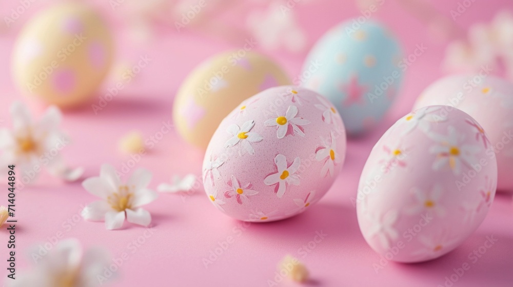 Fototapeta premium Easter postcard with painted pastel eggs on a pink background
