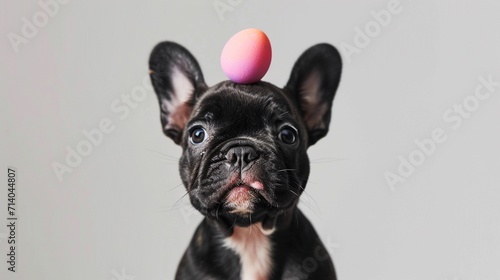 Easter postcard with playful french bulldog puppy attempting to balance a painted egg on her nose © MagicS