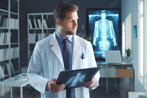 male doctor looking at digital chest x-ray on digital tablet in clinic examination room