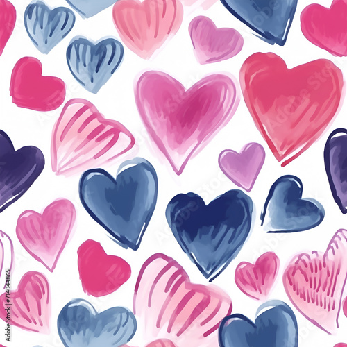 Seamless pattern with watercolor colorful hearts. Vector illustration. Hand drawn.