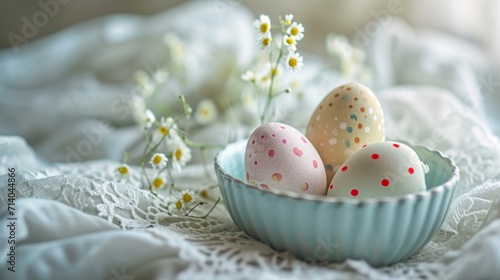 Easter postcard with polka-dot eggs in a vintage container on a lace doily