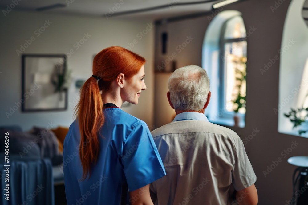  nurse helping aged man at home