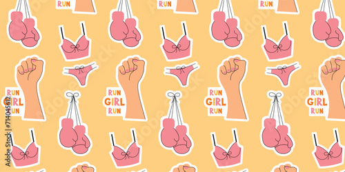 Seamless pattern with underwear, boxing gloves and fist. Background with feminism slogans. Strong women rights. Vector feminist movement symbols. Girl power, Women empowerment. #inspireinclusion