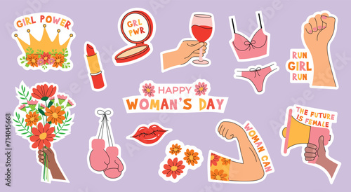 Happy women's day set. A collection of feminist women's, girly stickers. Fists up and feminism slogans. Strong women rights. Feminist movement symbols. Girl power, Women empowerment. #inspireinclusion