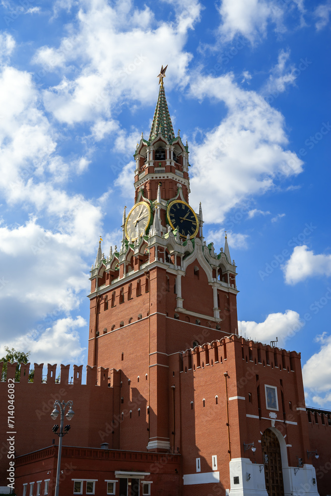 View of the Spasskaya Tower of the Moscow Kremlin from Vasilyevsky Descent.