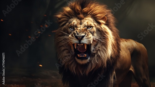 Portrait of a Roaring Lion with an Aggressive Stare
