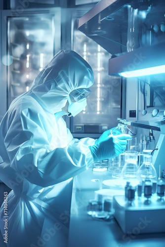 Medical researcher wearing protective gloves in laboratory conducting health drug research trials