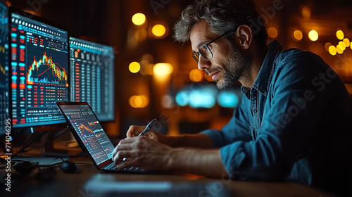 Financial Analyst Discusses Real-Time Stock Chart Data with Investment Banker During Late Evening Meeting at City Brokerage Firm Office