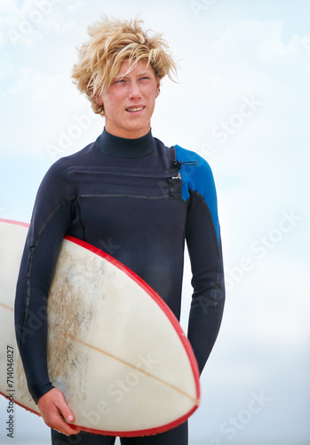 Photography Surfer, teen boy on beach and surfboard, holiday and adventure for fitness and travel outdoor