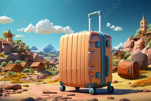 travel vacation suitcase, palm trees on background, Travel time concept composition with bag and travel items on world map