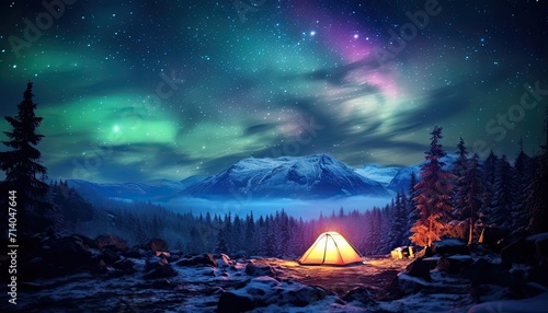 View of night sky with multicolored aurora borealis and mountain peak background. Night glows in vibrant aurora reflection on the lake with forest. 