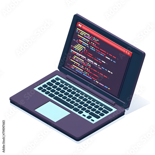 Laptop computer with a coding interface isolated on white background, cartoon style, png 