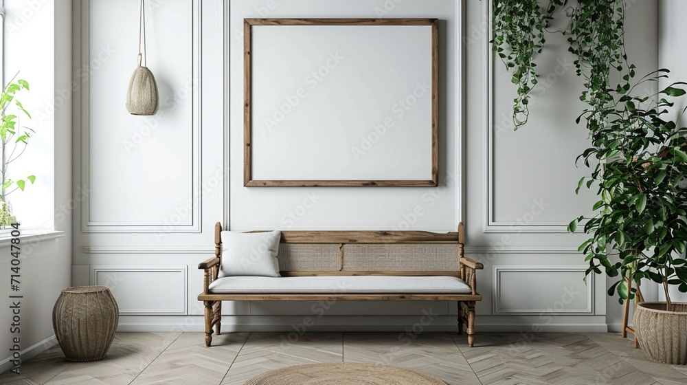 Wooden bench against white wall with poster frame. Ethnic farmhouse ...