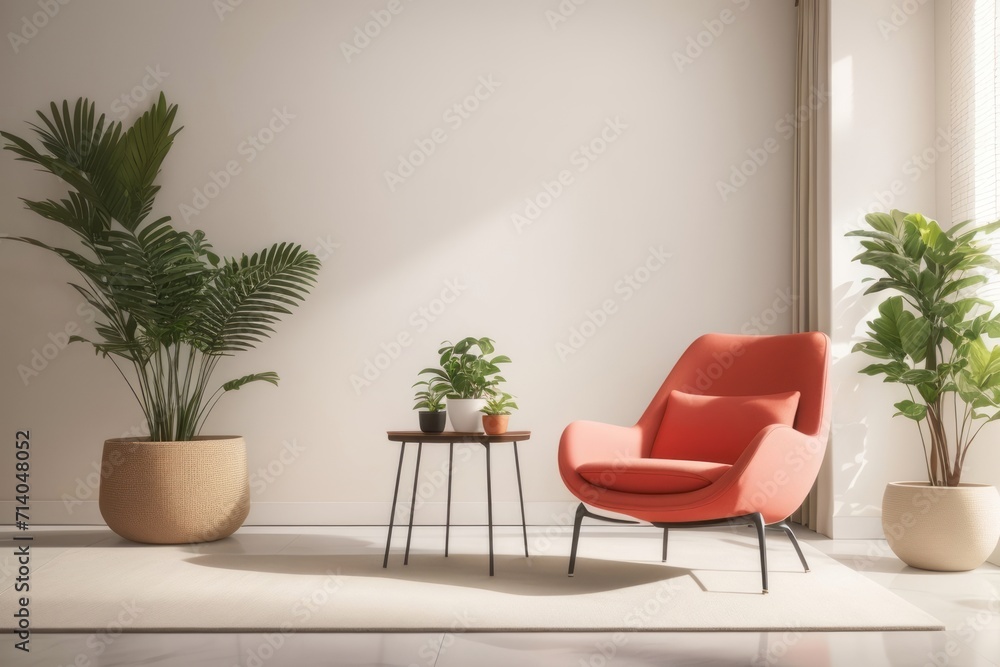 Interior home design of modern living room with lounge chairs and green plants near a beige wall with copy space, natural light from the window Interior home design of modern living room with lounge chairs and green plants near a beige wall with copy space, natural light from the window