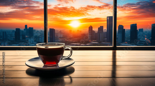 Start your day with a cozy coffee moment against a picturesque sunrise. The warm tones, wooden table, and serene landscape make it a perfect morning retreat. © MDRAKIBUL