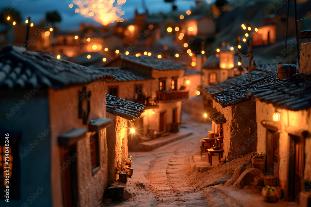Naklejka premium Scale model of a typical mexican village at night, San Miguel de Allende, Mexico, Traditional Mexican style colorful villa, house, hotel in Playa del Carmen, entrance view, Mexico, Ganearive Ai