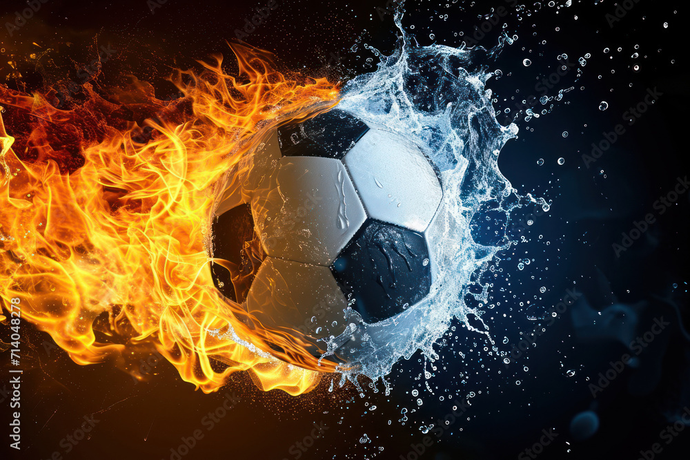Naklejka premium Soccerball caught in a dynamic interplay of fire and water
