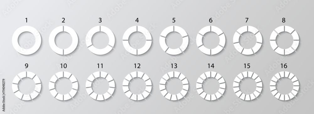 Circular section template. Pie diagram divided into gray pieces. Round chart. Circle structure graph. Set schemes with sectors. Piechart with segments and slices. Vector illustration