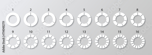 Circular section template. Pie diagram divided into gray pieces. Round chart. Circle structure graph. Set schemes with sectors. Piechart with segments and slices. Vector illustration