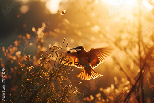 Awesome portrait of European bee eater at hunt (Merops apiaster), Colorful bee eater in flight Merops apiaster flying, sun rays, Ganearive AI photo